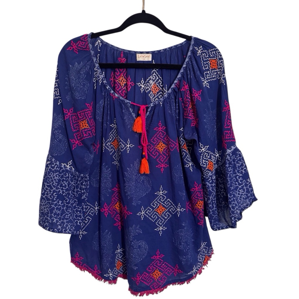 Lula Soul Size Medium Blouse Top Blue Floral Embroidered Boho Tassel Cotton
